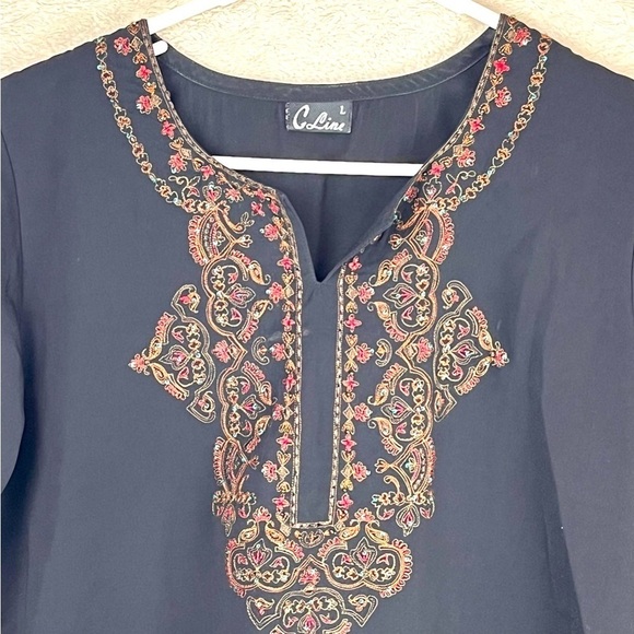 Vintage Boho Embroidered Beaded Sequin Black Tunic Top Large Whimsy Goth - Picture 2 of 15